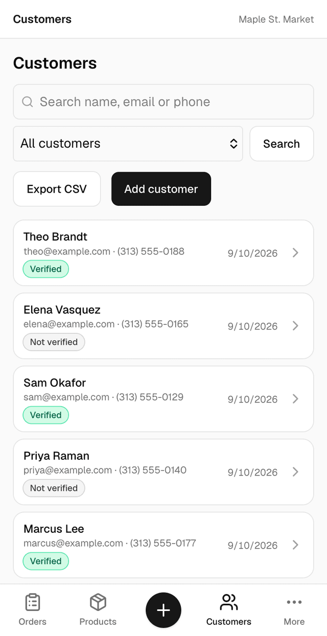 The DaClerk admin customers screen on a phone, listing customers with verified badges