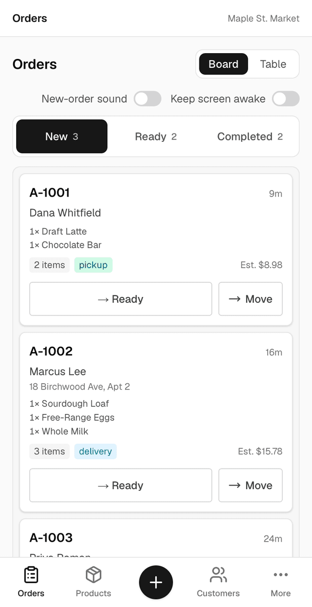 The DaClerk admin orders board on a phone, showing incoming orders as cards