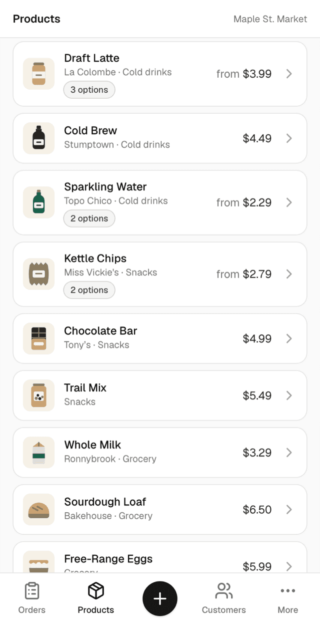 The DaClerk admin products screen on a phone, listing products with prices and options